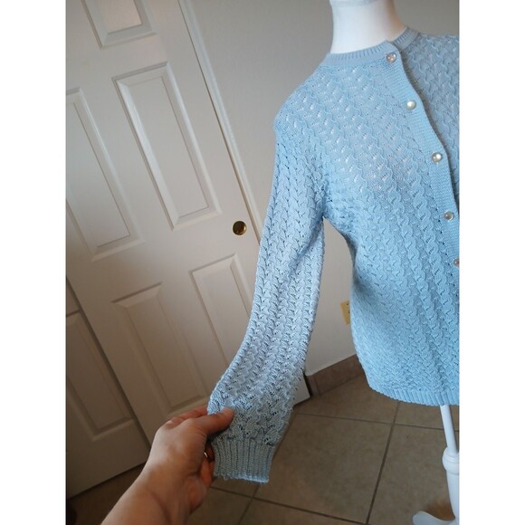 VTG BRITISH VOGUE CARDIGAN SWEATER WOMENS SMALL BLUE KNIT LACED BUTTON UP - Picture 7 of 16